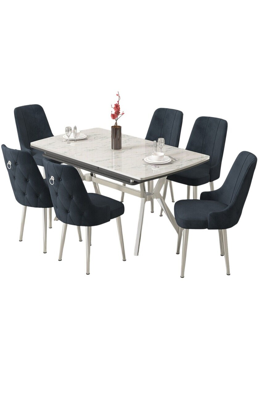 Set masa extensibila si scaune (7 piese), Hanah Home, Nis, Model de marmură albă / Crom / Antracit — imaginea 2