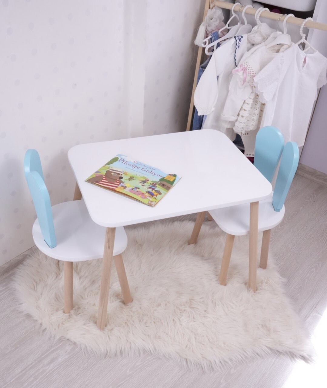 Set masa si scaun pentru copii, Bambini, Bunny Two Chair Set, Albastru bebeluș / Alb - 1 | YEO