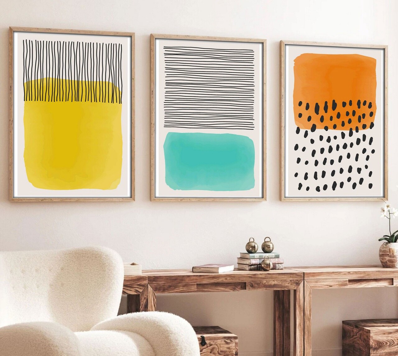 Set 3 tablouri decorative Huhu136 Cadru: 100% LEMN MASIV (Grosime: 25 cm) Multicolor