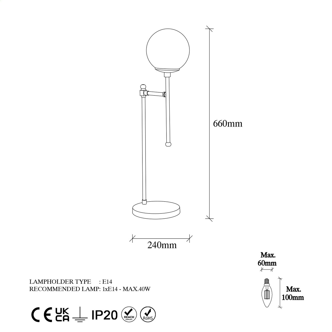 Lampa de masa, Step - 13072, Fulgor, 18 x 24 x 66 cm, 1 x E14, 40W, negru