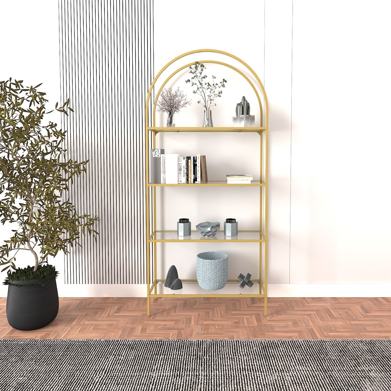 Corp biblioteca, Caliente, Mona, 80x175x30 cm, STICLA CALITA TRANSPARA, Auriu - 1 | YEO