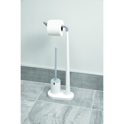 Suport hartie igienica si perie de toaleta Cade, iDesign, 23x13.5x64 cm, alb/gri