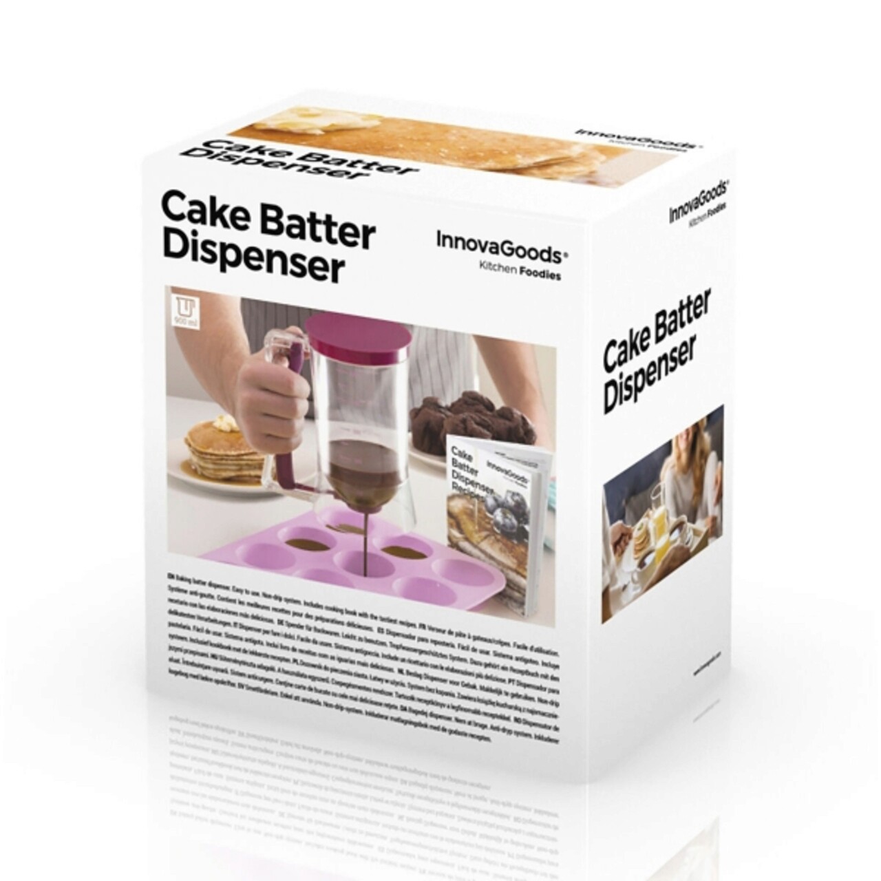Cana gradata pentru aluat Cake Batter, Innovagoods, cu carte de retete, 900 ml, mov/transparent