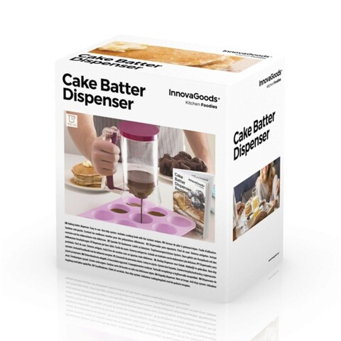 Dozator gradat pentru aluat Cake Batter, Innovagoods, cu carte de retete, 900 ml, mov/transparent
