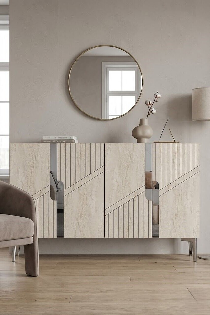 Consola, Hanah Home, Evva 120, 120x75x32 cm, White / Travertine / Silver — imaginea 2