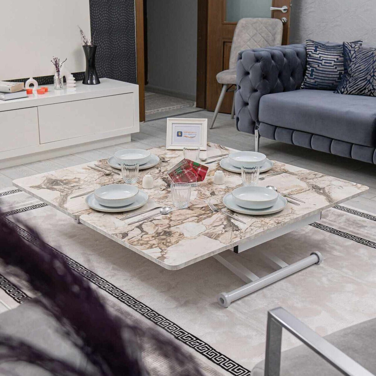 Masuta de cafea, Hanah Home, Home Ext, MDF, Marmură albă / Alb — imaginea 3