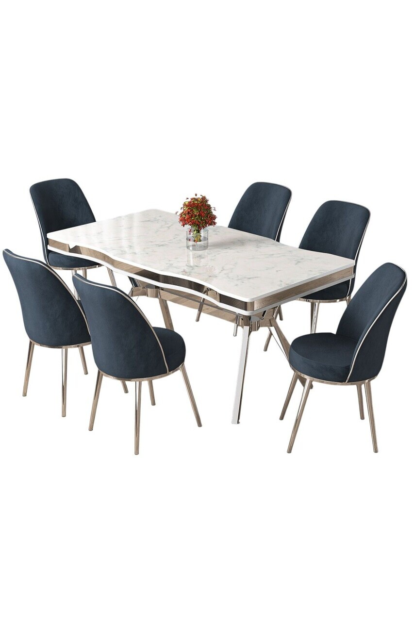 Set masa si scaune (7 piese), Hanah Home, Prah, Model de marmură albă / Crom / Antracit — imaginea 2