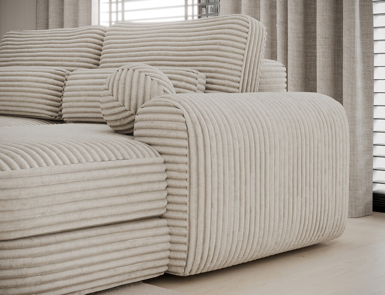 Coltar extensibil dreapta 3 locuri ELTAP, Ripeli, 217x175x96 cm, lemn/catifea din poliester, bej deschis — imaginea 9