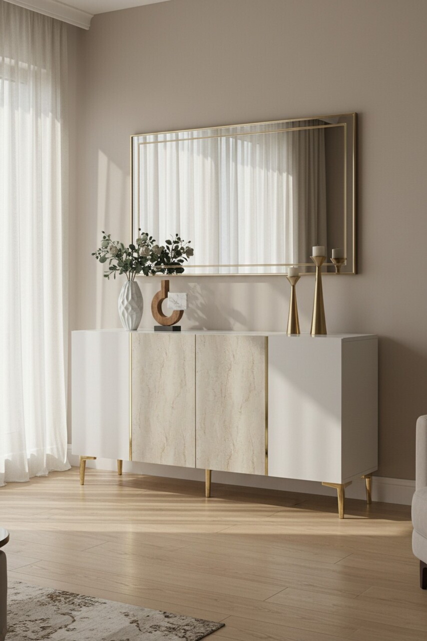 Consola, Hanah Home, Poli 150, 150x75x32 cm, White / Travertine / Gold — imaginea 2