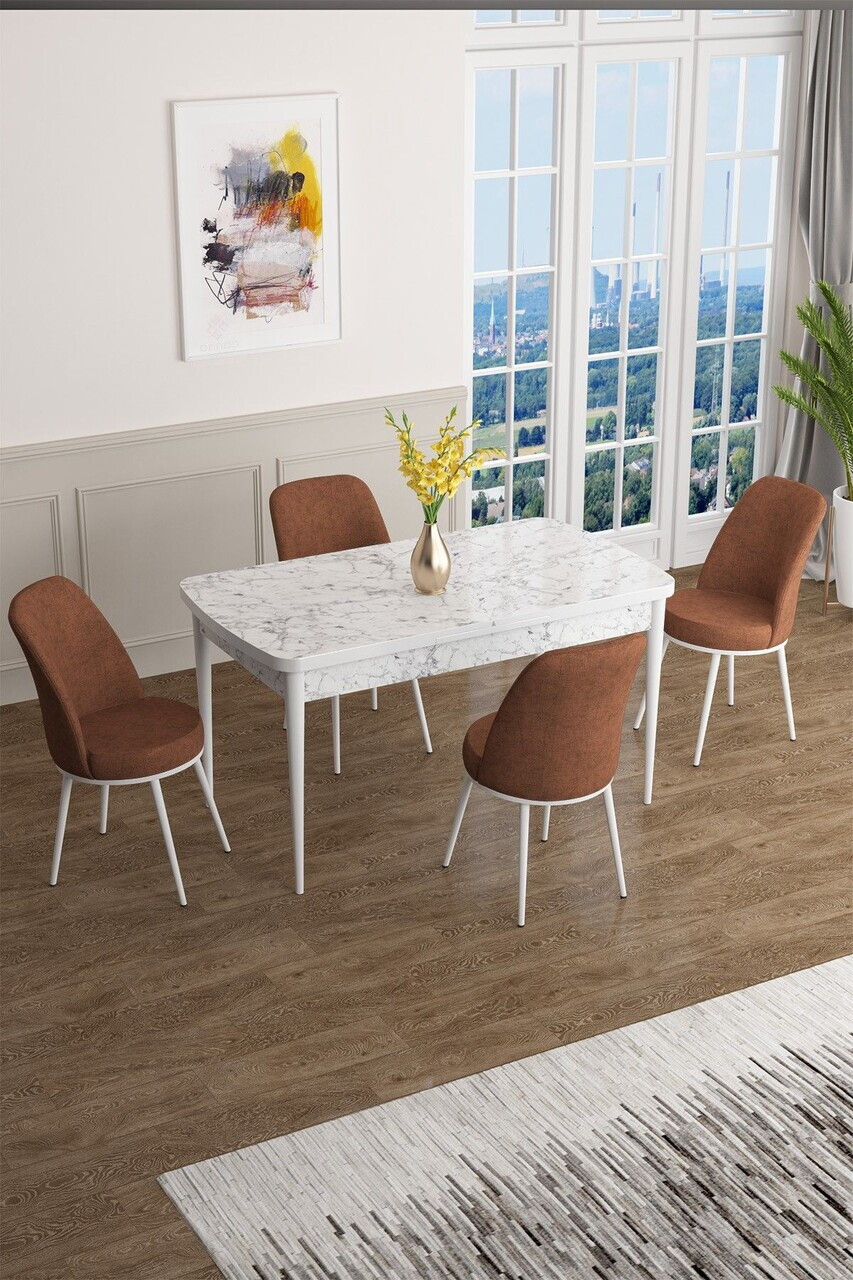 Set masa extensibila si scaune (5 piese), Hanah Home, Han, Model de marmură albă / Teracotă