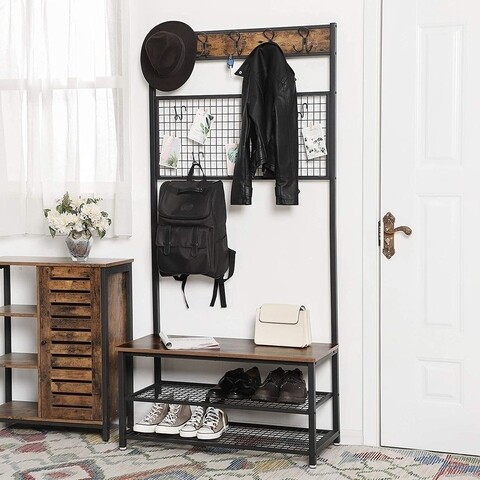 Cuier cu bancheta si pantofar, Vasagle, 92 x 41.5 x 182 cm, fier/PAL,  maro rustic
