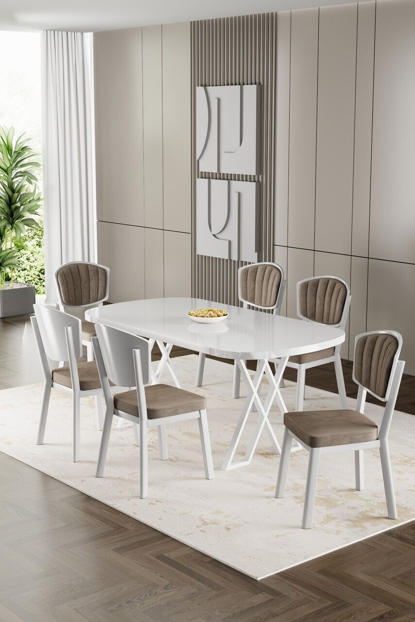 Set masa si scaune (7 piese), Hanah Home, Flori, Alb / Cappuccino