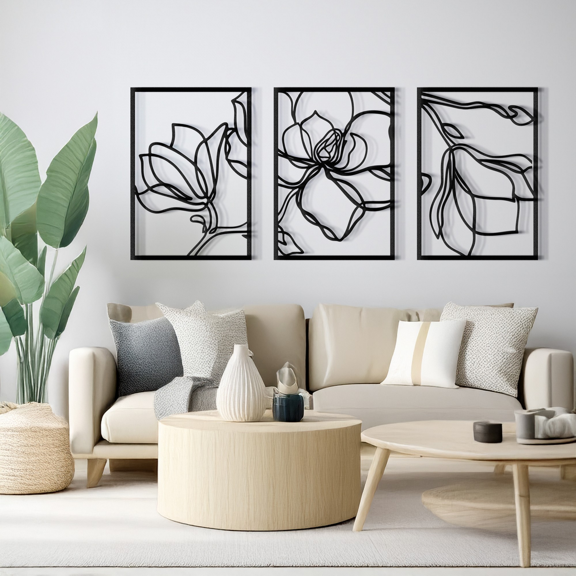 Set de accesorii decorative de perete din metal, RT-NMD-071, Dimensiune: 58,5 x 41 cm (3 bucăți), Negru