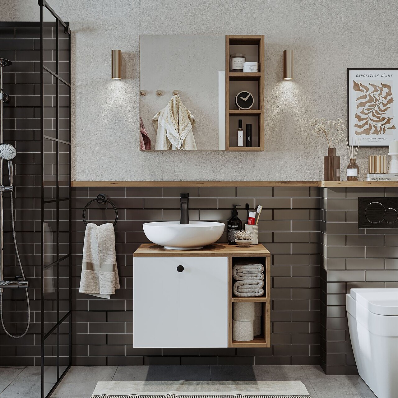 Set Dulap de Baie cu Chiuvetă și Oglindă (2 Piese), Hanah Home, 2476, MDF, Pin Atlantic / Alb — imaginea 3