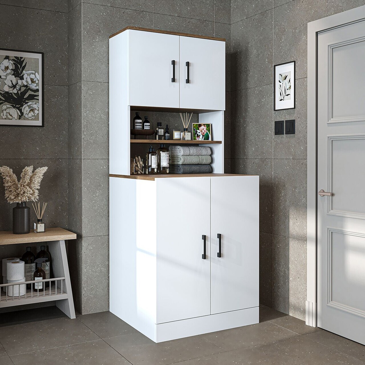 Dulap masina de spalat, Hanah Home, 1015.51, 70x180x67 cm, PAL MELAMINAT, Pin Atlantic / Alb