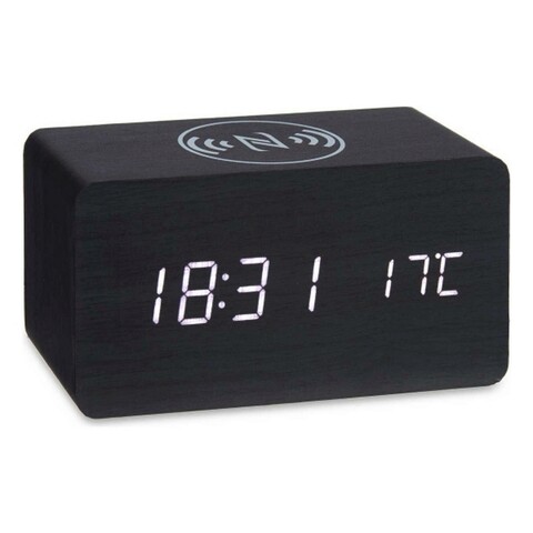 Ceas de masa cu alarma si incarcator wireless Connor, Gift Decor, 15 x 7 x 7.5 cm, MDF, negru
