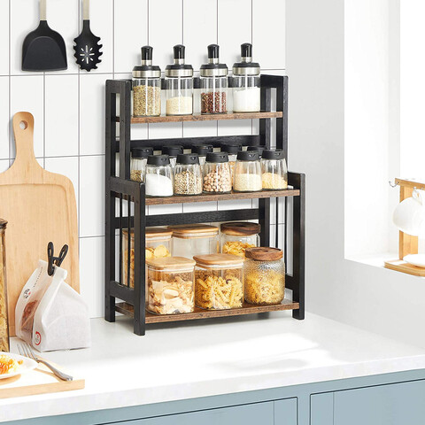 Raft de organizare blat bucatarie/birou, Songmics, 41x18x53 cm, MDF/rama din bambus, maro/negru