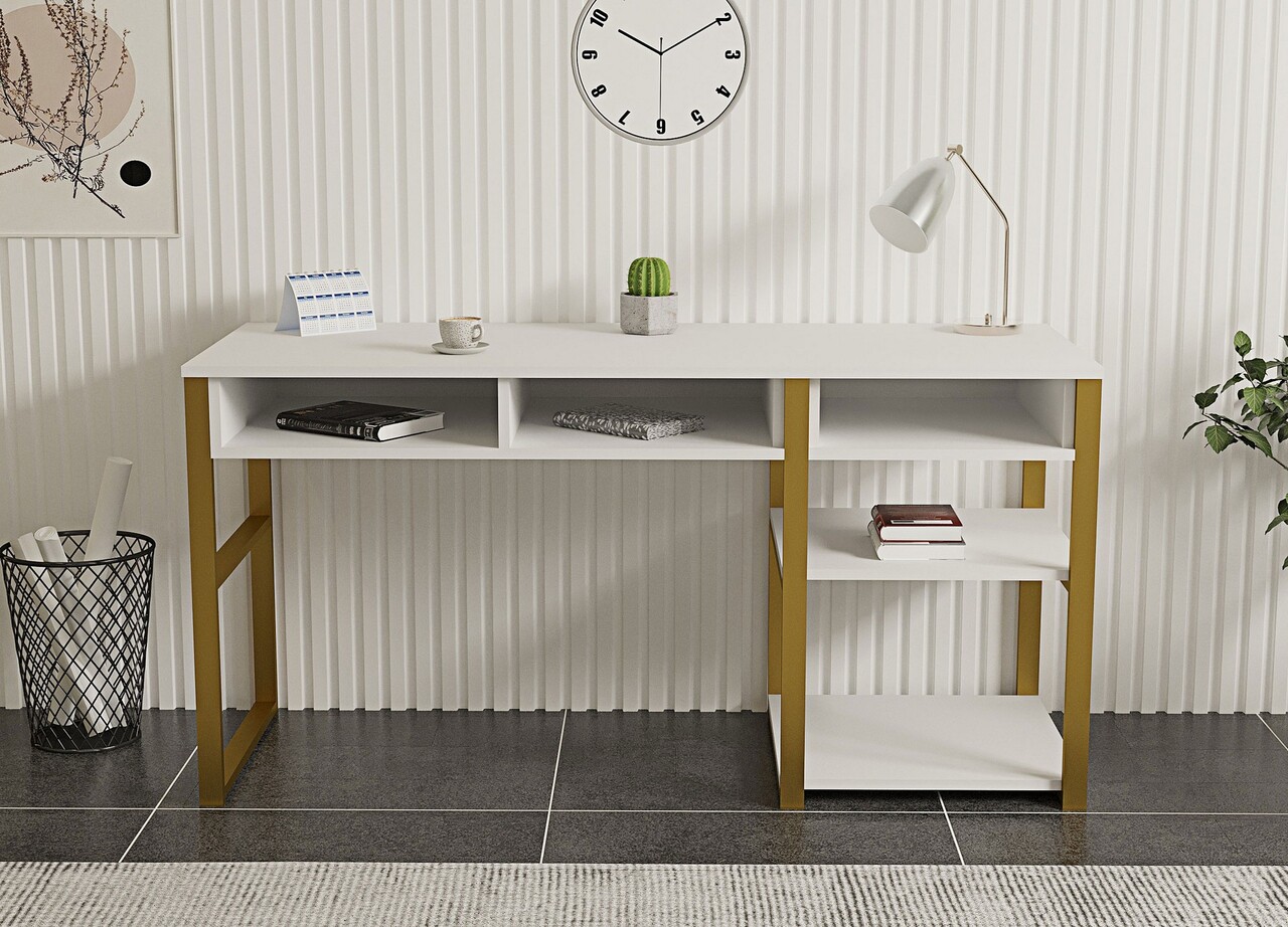 Birou, Puqa Design, Emro, 150x75.8x58.4 cm, PAL, Alb/Auriu - 1 | YEO