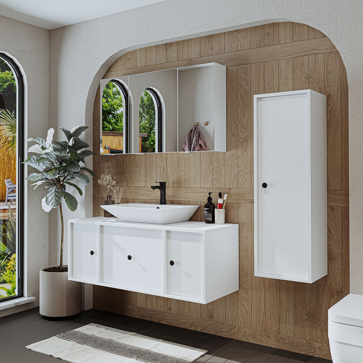 Set Dulap de Baie cu Chiuvetă și Oglindă (3 Piese), Hanah Home, 2551, MDF, Alb