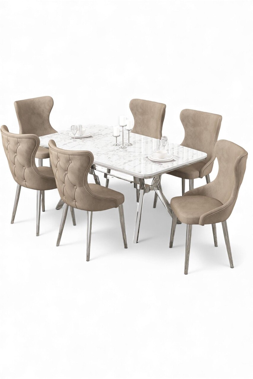 Set masa extensibila si scaune, Hanah Home, Esla, Marmură albă / Crom / Cappuccino - view 2