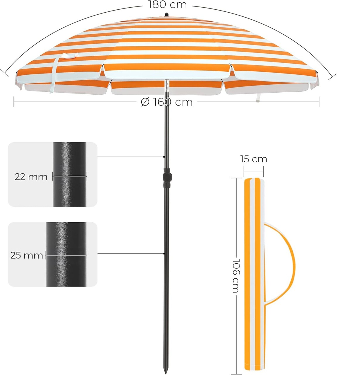 Umbrela pentru gradina, piscina, balcon sau terasa, Songmics, 160 cm, protectie UV 50+, geanta de transport, portocaliu/alb - view 6