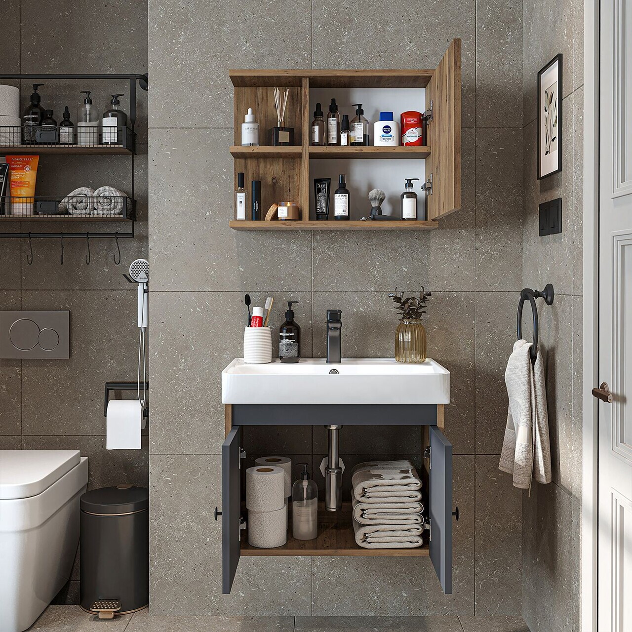 Set Dulap de Baie cu Chiuvetă și Oglindă (2 Piese), Hanah Home, 2865, PAL MELAMINAT, Pin Atlantic / Antracit — imaginea 3