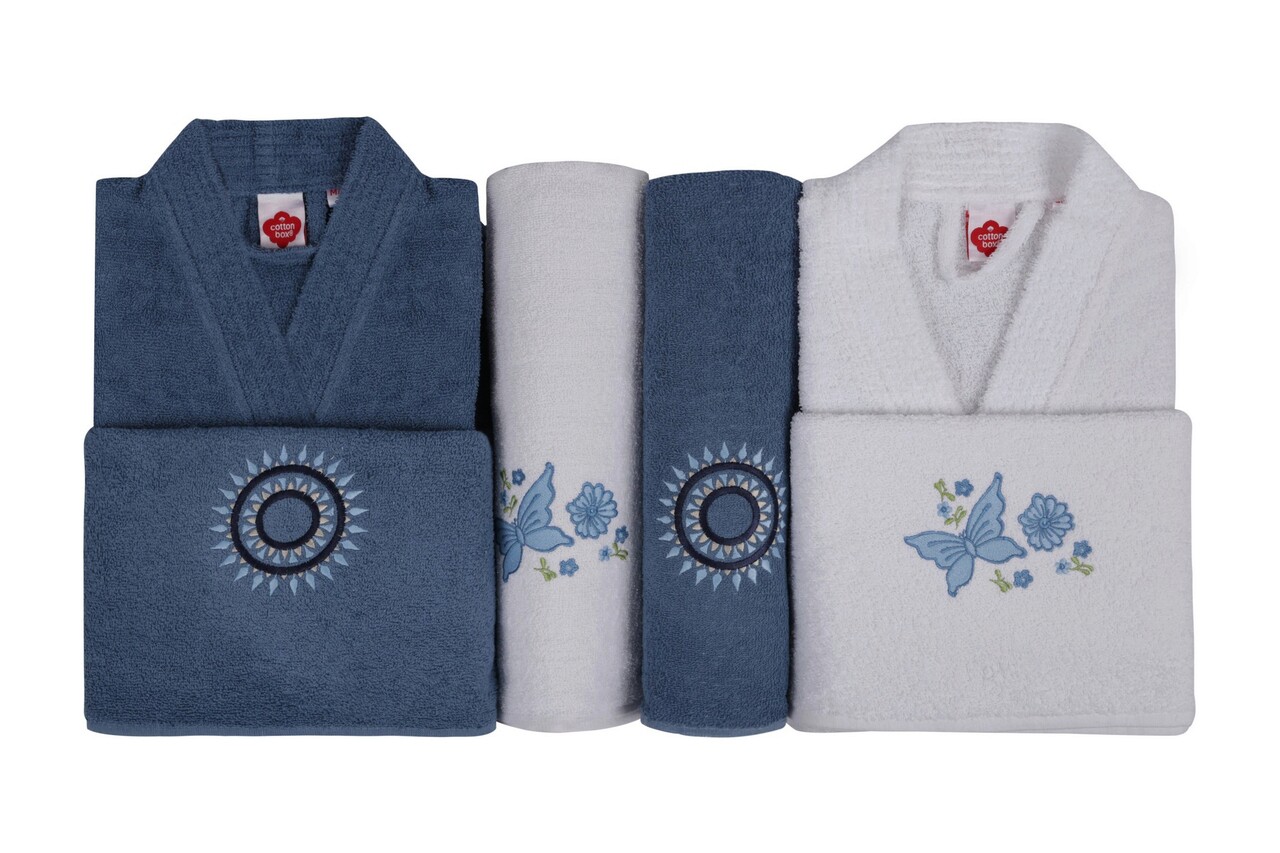 Set De Baie Family, Cotton Box, Nakışlı Aile, Bumbac, Albastru/Alb