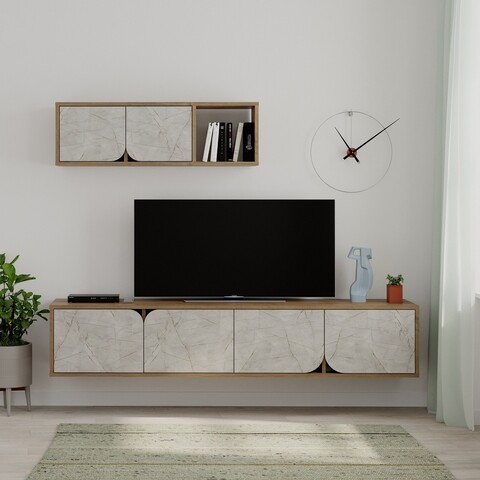Comoda TV cu raft, Decortie, Spark, pal melaminat, alb/bej alb/bej