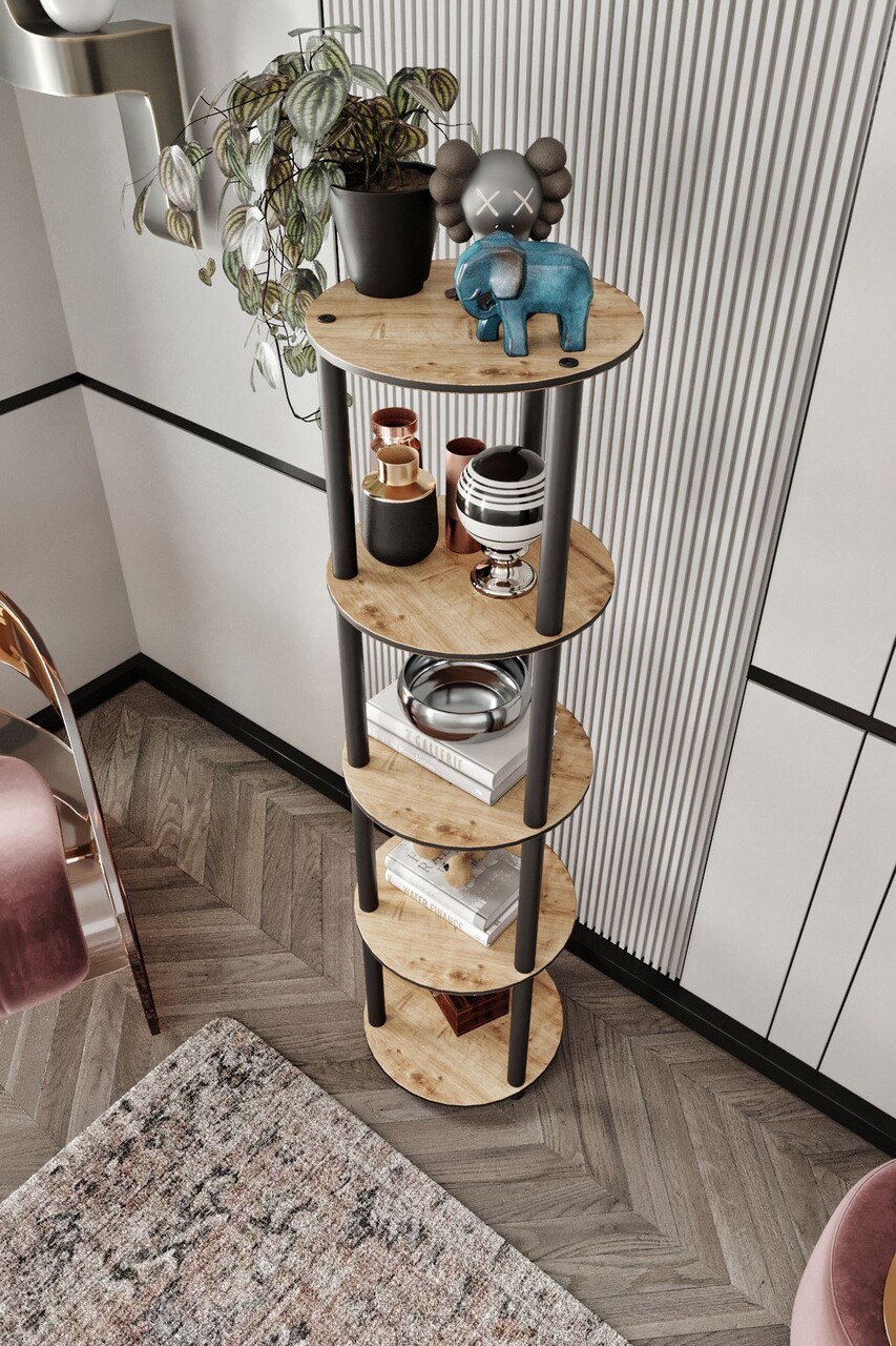 Corp biblioteca, Hanah Home, Bookcase 5 Tiers Round, 34x140x34 cm, MDF , Stejar