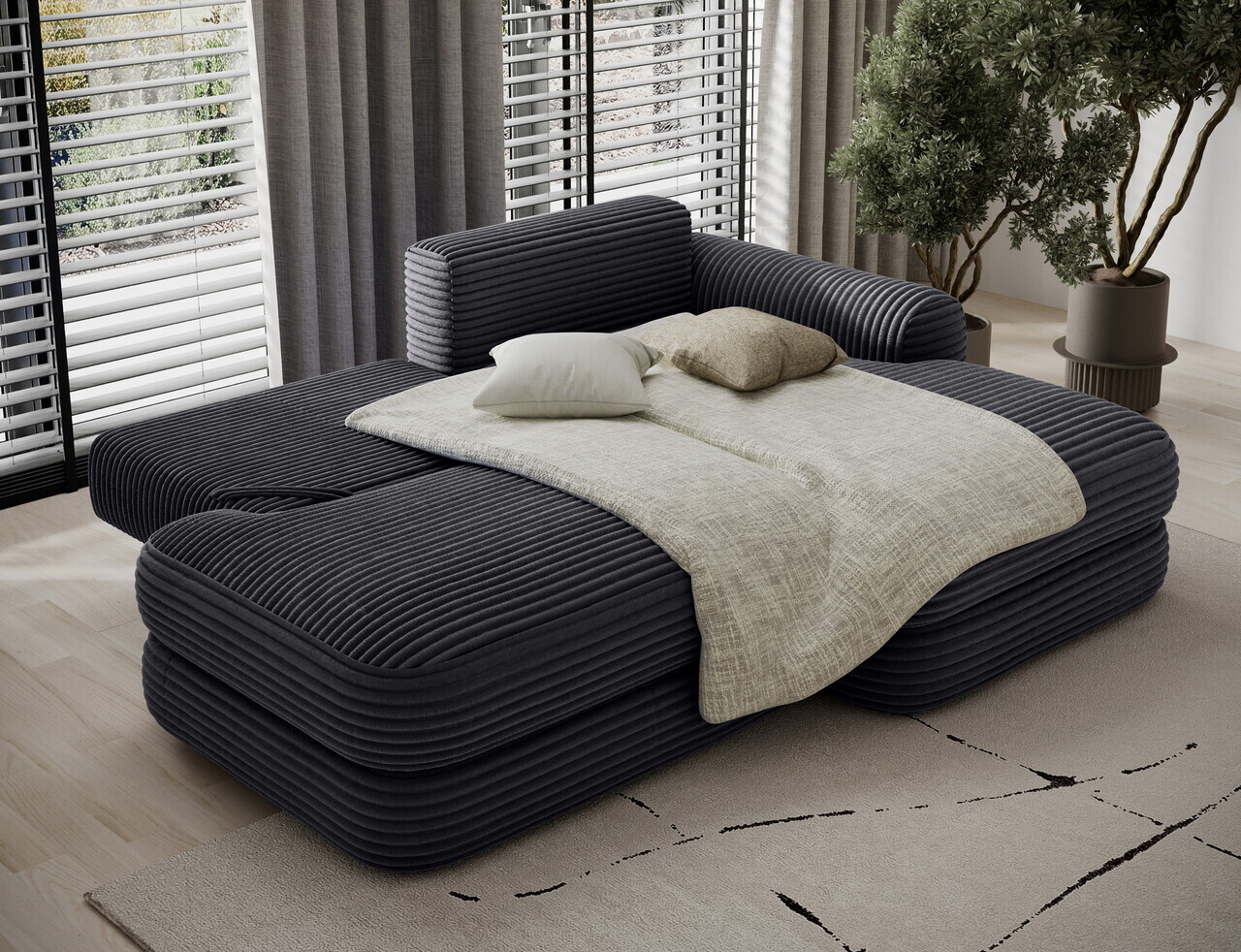 Coltar extensibil dreapta 3 locuri ELTAP, Ripeli, 217x175x96 cm, lemn/catifea din poliester, negru — imaginea 6
