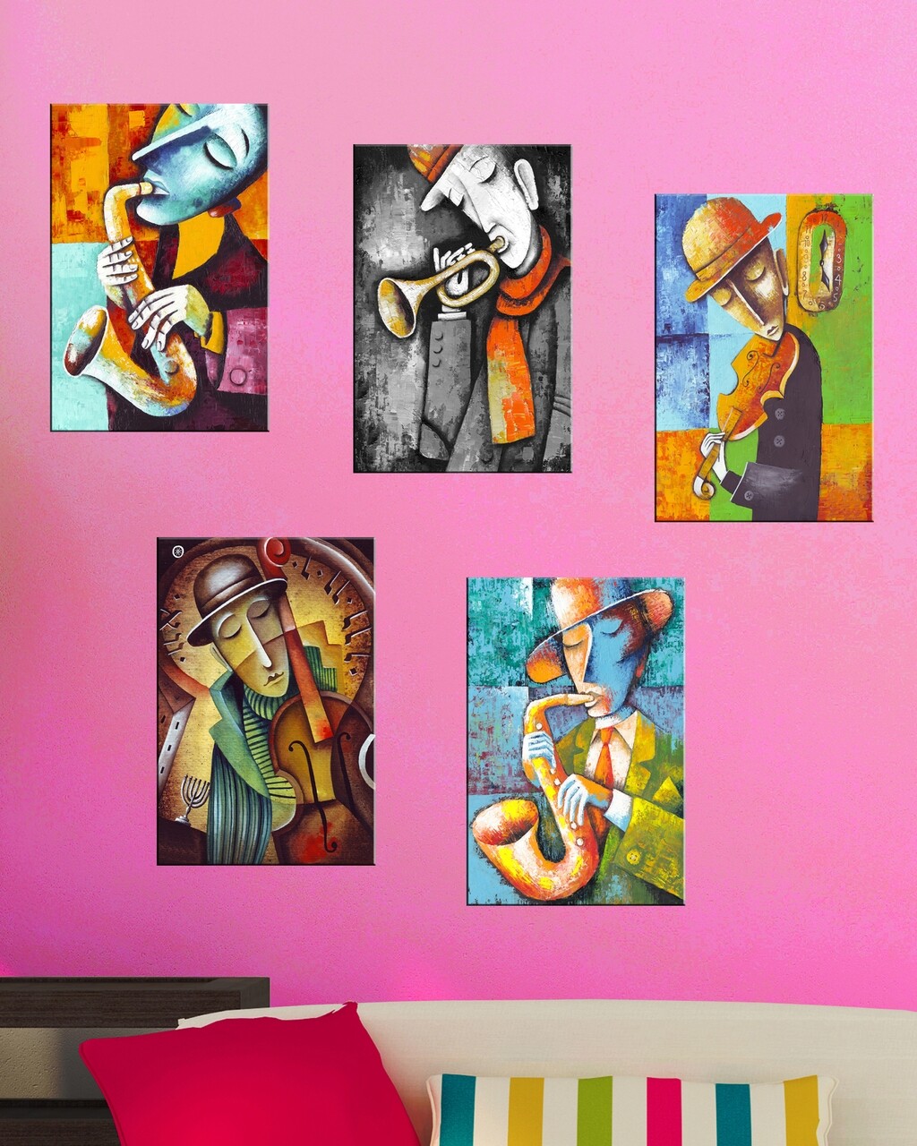 Set 5 Tablouri Decorative Colorful Music, Tablo Center, Canvas, Multicolor