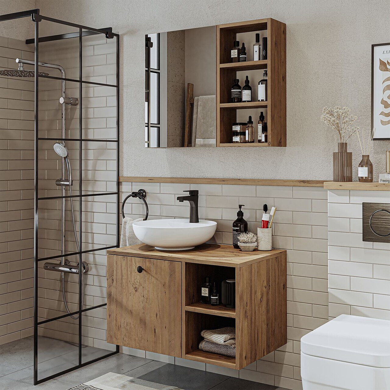 Set Dulap de Baie cu Chiuvetă și Oglindă (2 Piese), Hanah Home, 2484, MDF, Maro
