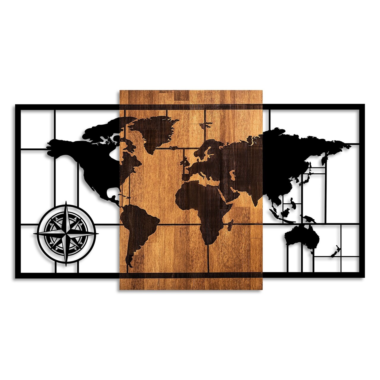 Decoratiune de perete, World Map 1-L, Dimensiuni: 70 x 121 cm, Nuc / Negru - view 5