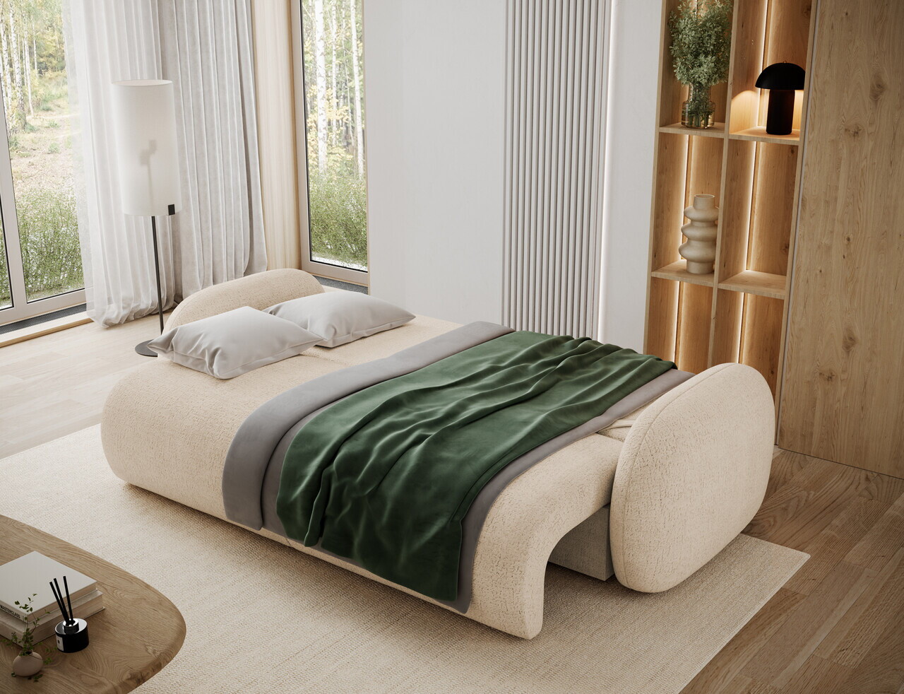 Canapea extensibila 3 locuri ELTAP, Avuela, 250x105x94 cm, lemn/plush din poliester, bej deschis — imaginea 6