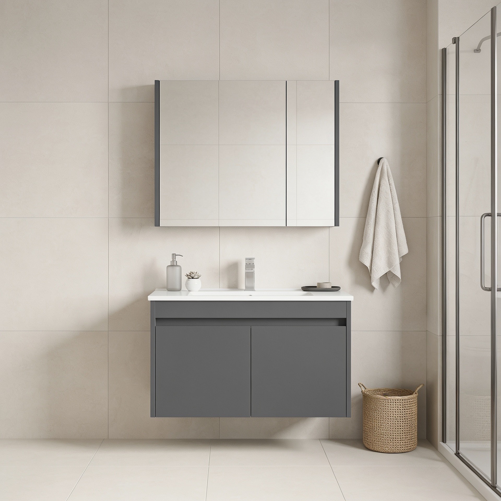 Set Dulap de Baie cu Chiuvetă și Oglindă (2 Piese), Hanah Home, Arno 85, Gri