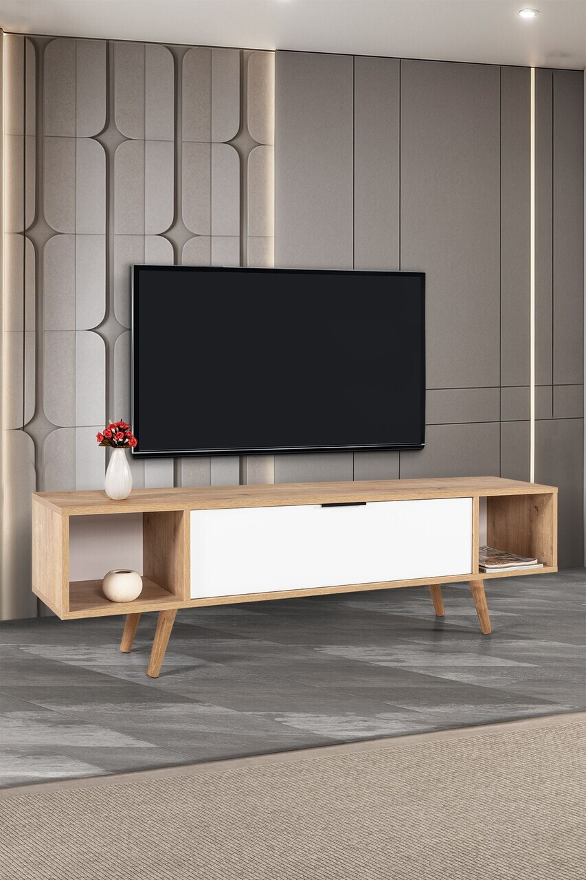 Comoda TV, Hanah Home, Mesir 3628, 160x47x35 cm, PAL, Stejar Safir / Alb — imaginea 3