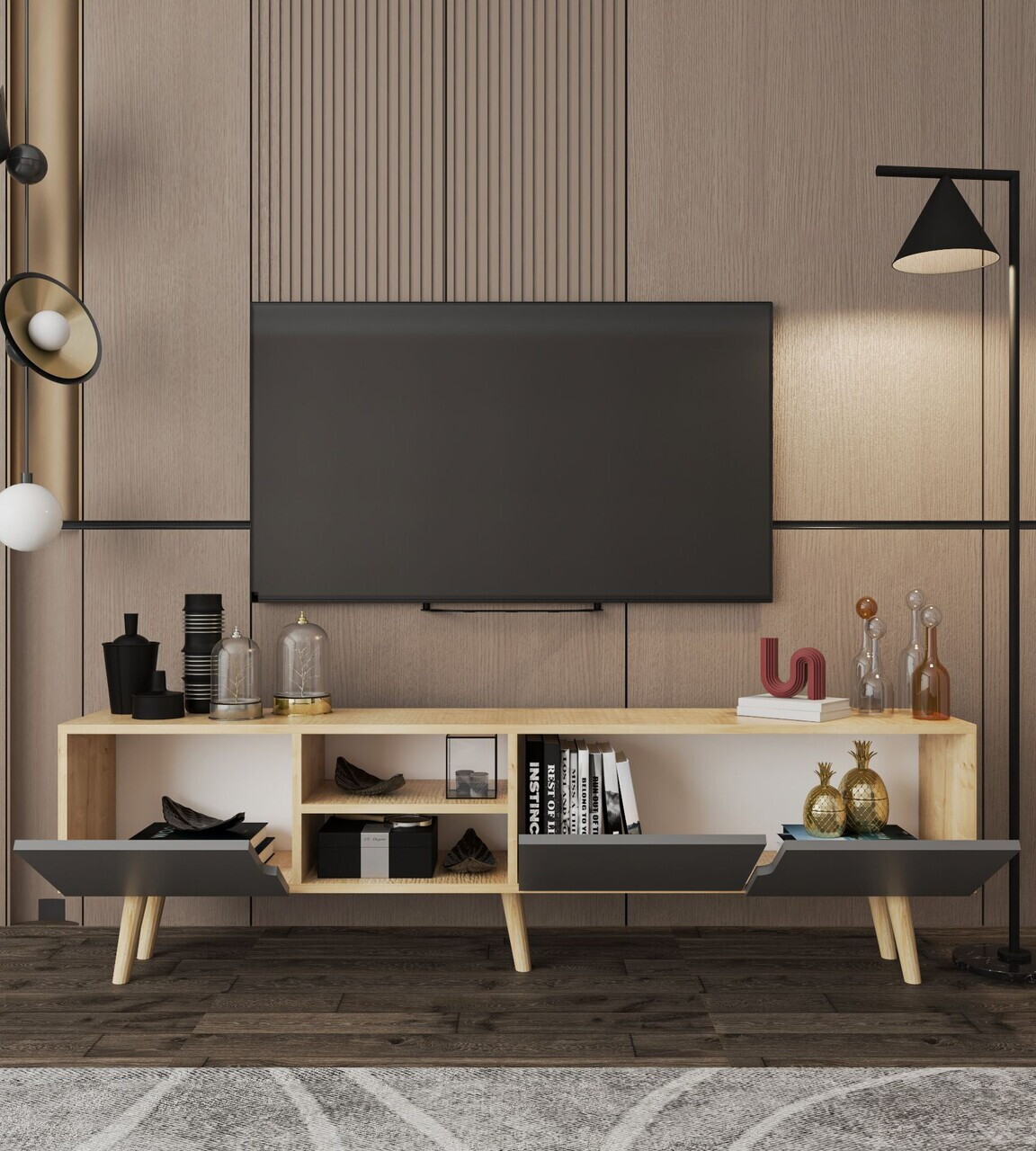 Comoda TV, Hanah Home, Latina 180, 180x30x53 cm, PAL MELAMINAT, Stejar safir / Antracit — imaginea 3