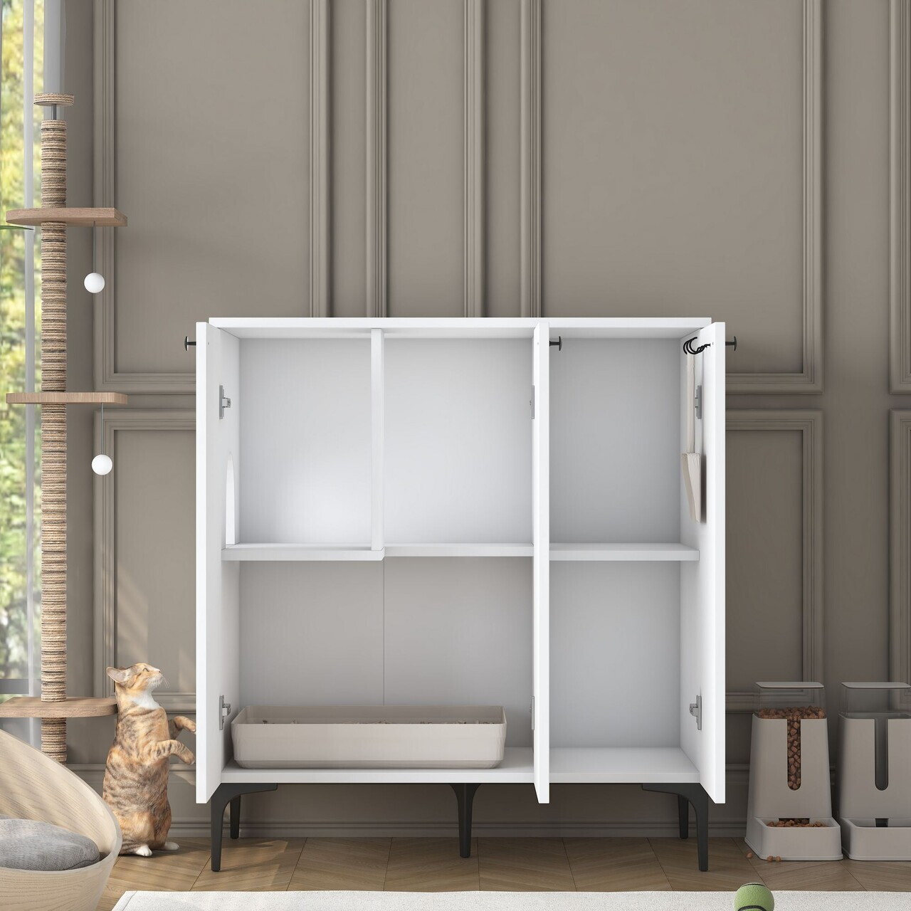 Casă din lemn pentru pisici, Hanah Home, PA102, 90x98.6x45 cm, PAL melaminat, Alb - view 8