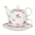 Set ceai pentru o persoana, ceainic cu ceasca si farfurie Roses, Clayre & Eef, 400/250 ml, portelan