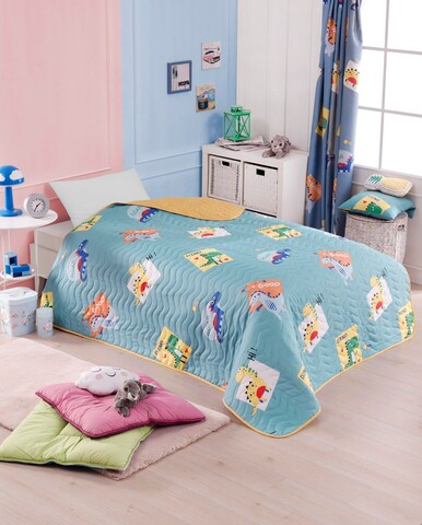 Cuvertura Single 155x200 cm, Good Dino - Green, EnLora Home, 65% bumbac/35% poliester