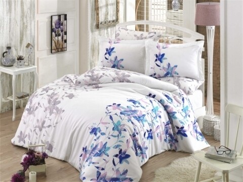 Lenjerie de pat dubla, 6 piese, 240x260 cm, 100% bumbac satinat, hobby, lucia, alb/albastru
