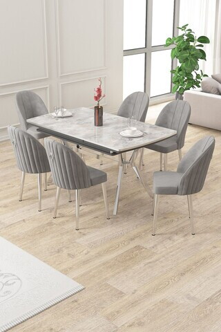 Set masa extensibila si scaune (7 piese), Hanah Home, Sim, Gri/Crom