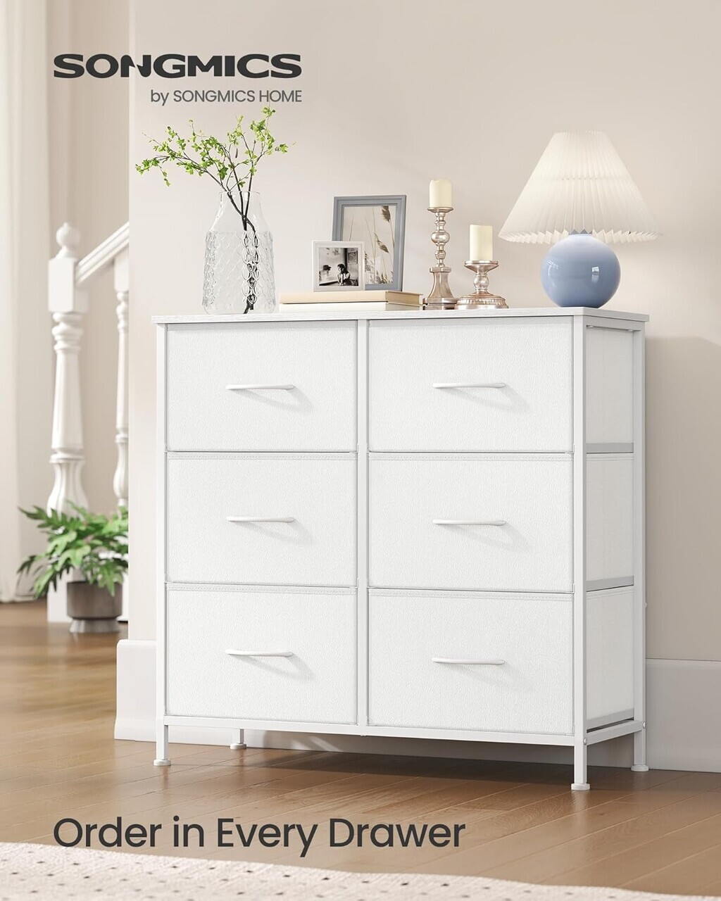 Comoda cu 6 sertare, Songmics, 76.7x30x73.7 cm, sertare textile, cadru metalic, alb - imagine 2