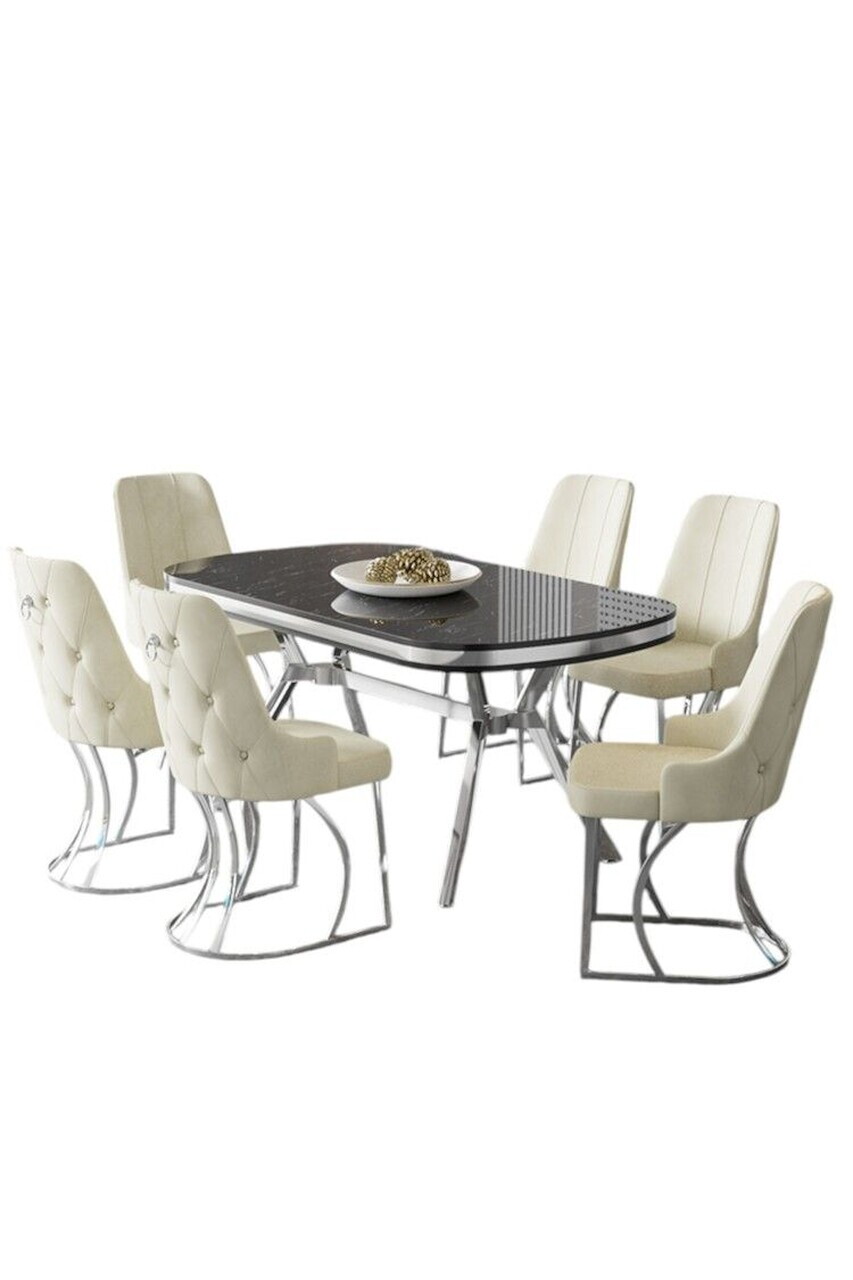 Set masa si scaune (7 piese), Hanah Home, Epal, Sonata / Crom / Cremă — imaginea 2