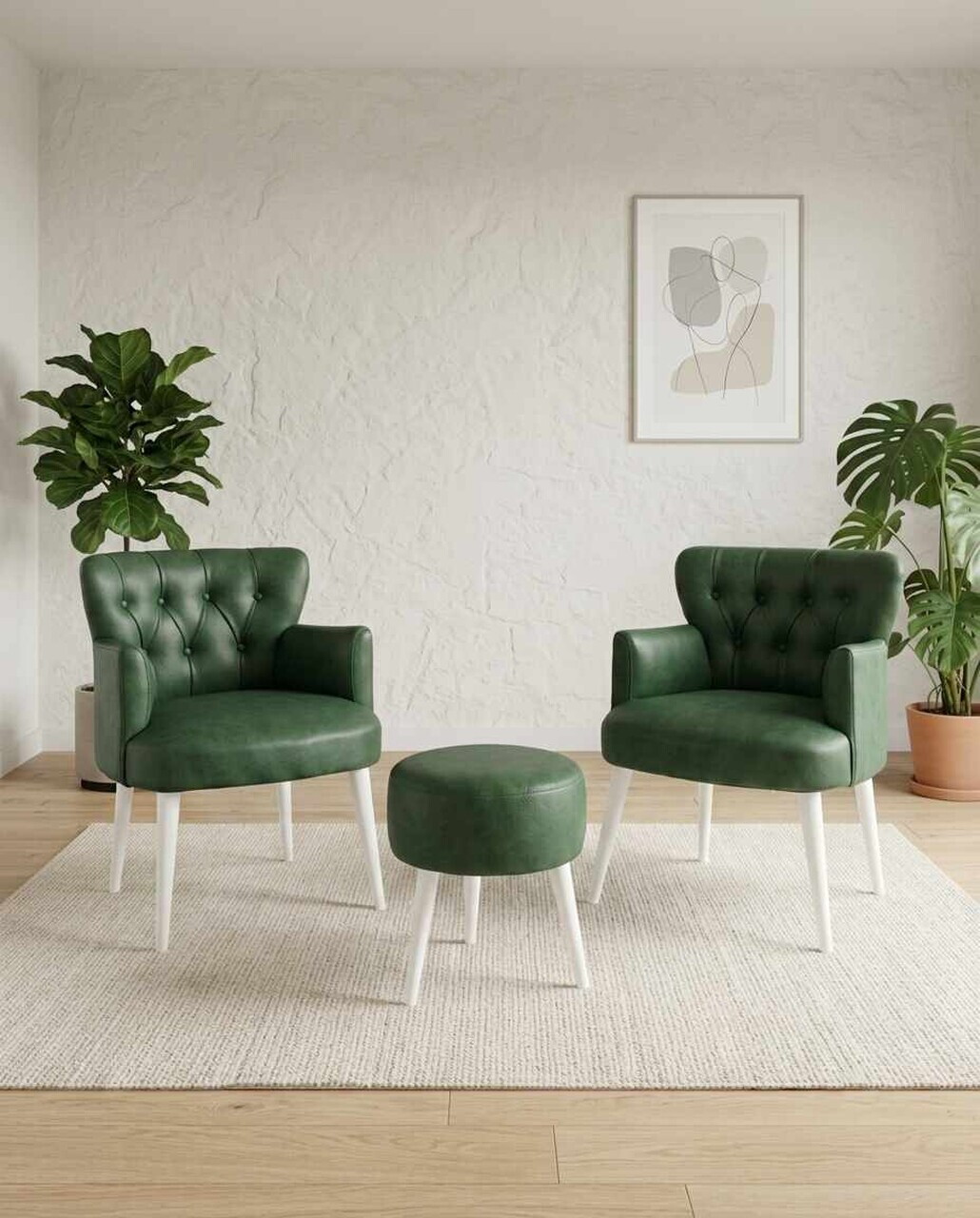 Set fotoliu cu aripioare și puf (3 piese), Atelier del Sofa, 281ELR1201, Verde