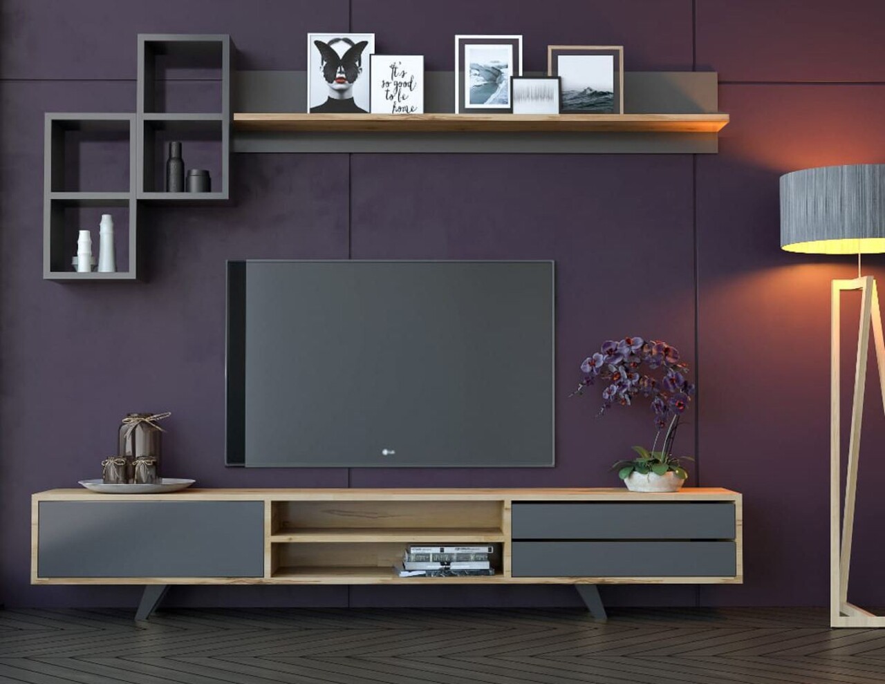 Comoda TV, Hanah Home, Rb-046, 180x45x40 cm, Antracit / Stejar - imagine 2