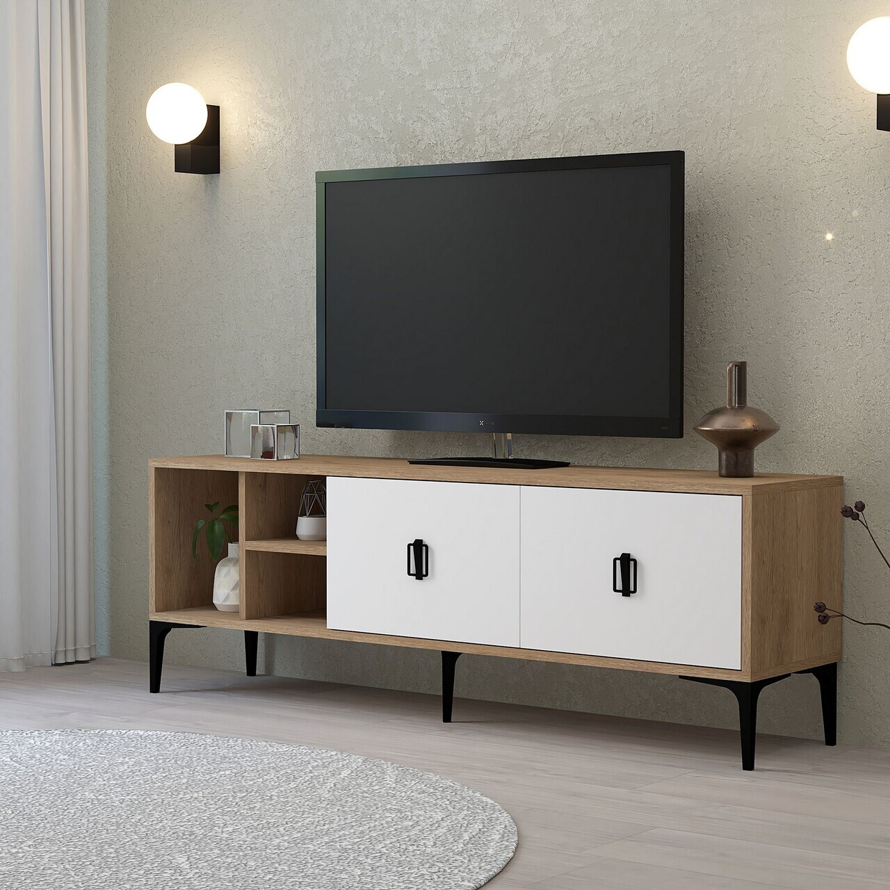 Comoda TV, Hanah Home, Era 3504, 150x50x35 cm, PAL, Stejar Safir / Alb — imaginea 3