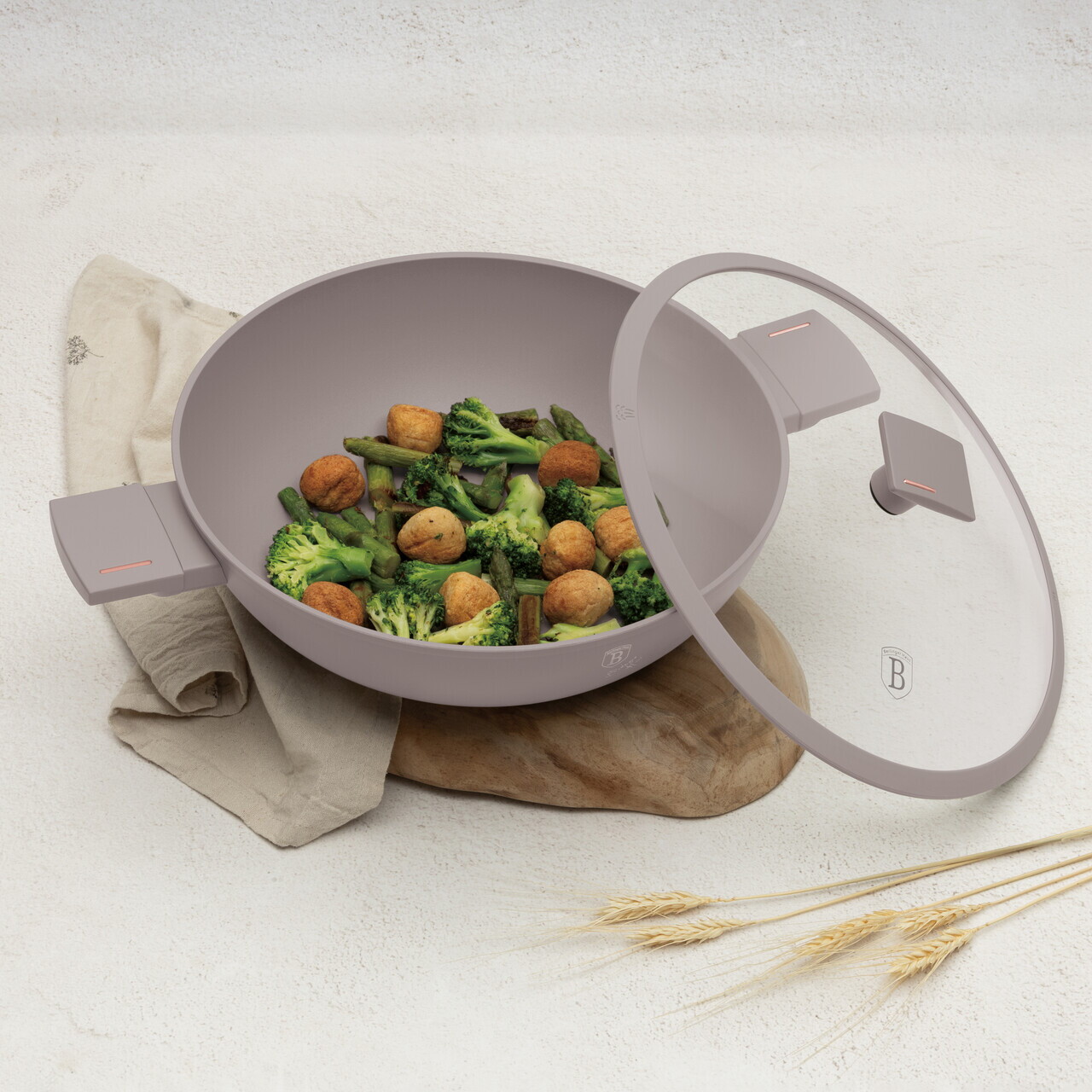 Tigaie Wok cu capac Berlinger Haus, Taupe, 30 cm, aluminiu forjat, taupe mat - imagine 3