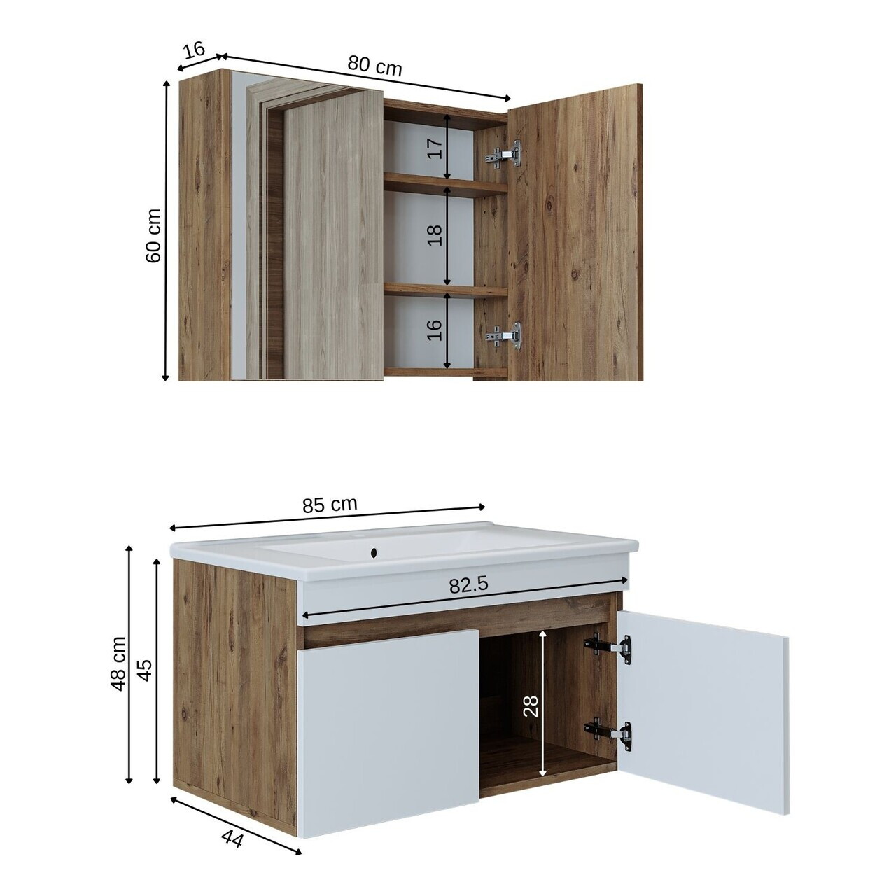 Set Dulap de Baie cu Chiuvetă și Oglindă (2 Piese), Hanah Home, 1900, MDF-LAM, Pin Atlantic / Alb Mat — imaginea 7