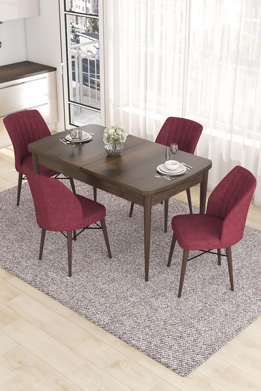 Set masa extensibila si scaune (5 piese), Hanah Home, Eva, Model baroc din lemn / Burgundia